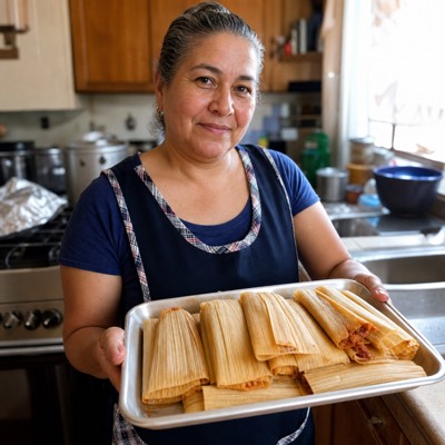 Rosa in her kitchen, holding a tray of tamales she has just steamed.