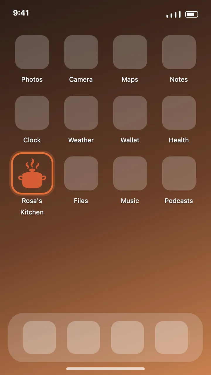 An iPhone home screen with the kitchen's icon among the other apps, circled.